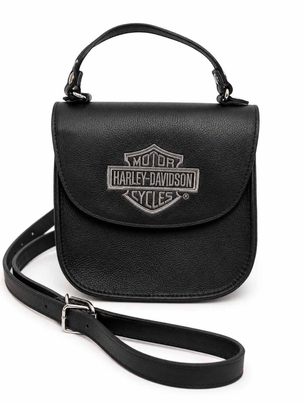 Harley-Davidson Black Leather Logo Crossbody Bag with Silver Embroidery